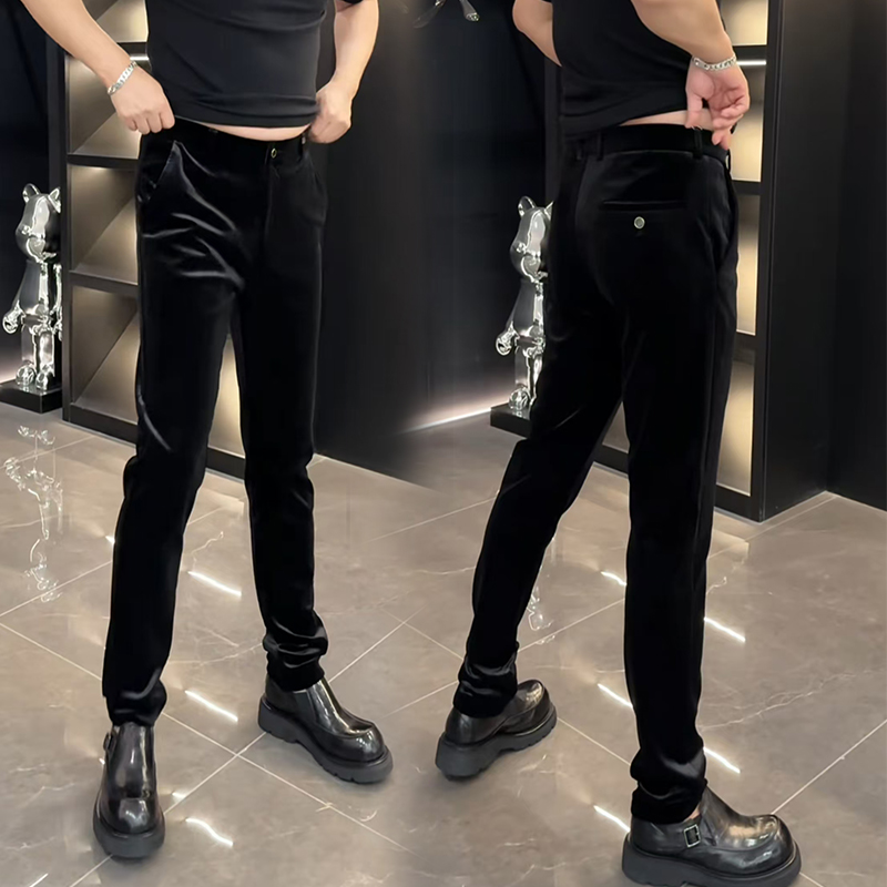 男士休闲裤秋冬季新款高端金丝绒欧货修身弹力男裤时尚百搭小脚裤