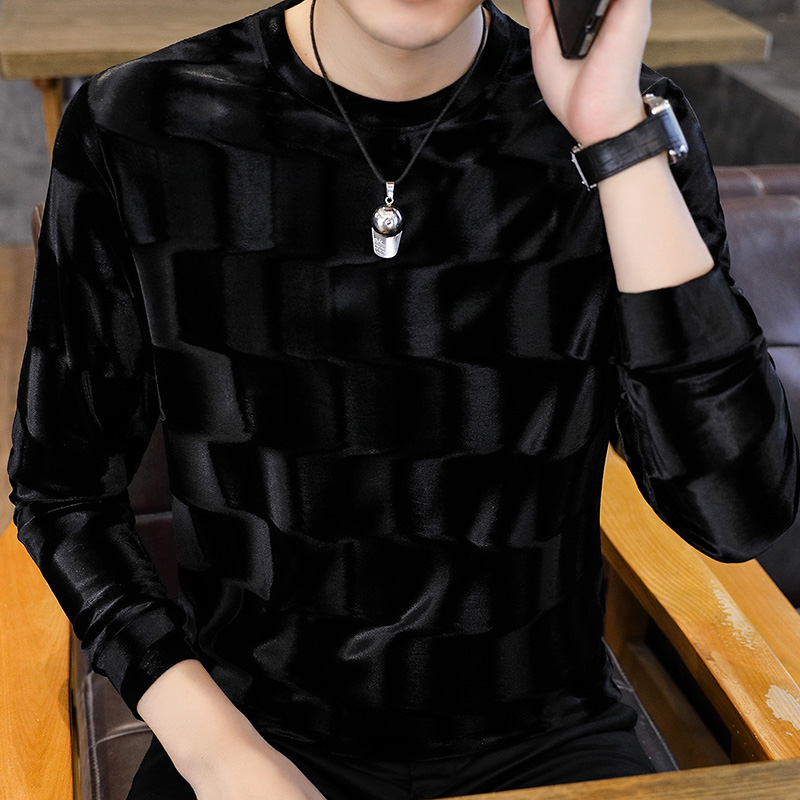 秋冬装男士金丝绒卫衣长袖水波纹打底衫圆领T恤宽松休闲大码青年