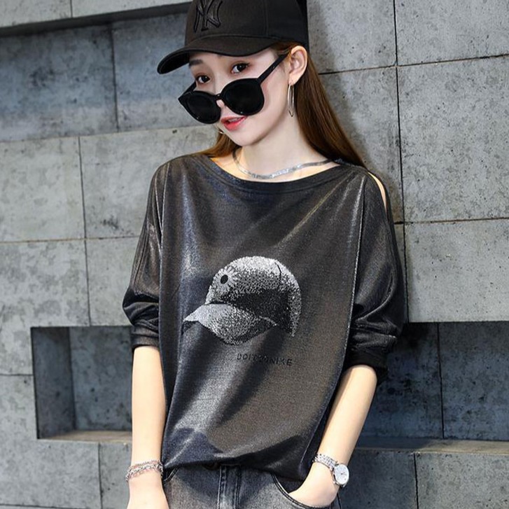 精致烫钻亮片长袖夏t恤透气宽松休闲风百搭小衫洋气露肩显瘦上衣