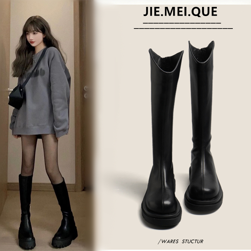 百搭厚底马丁靴女长筒靴2025新款春秋不过膝中筒骑士靴小个子长靴