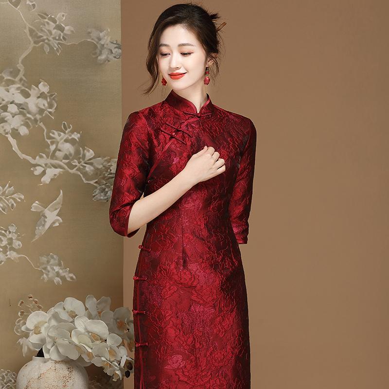 【思琪精选】喜婆婆旗袍中式秋季新款蕾丝提花红色日常改良敬酒服