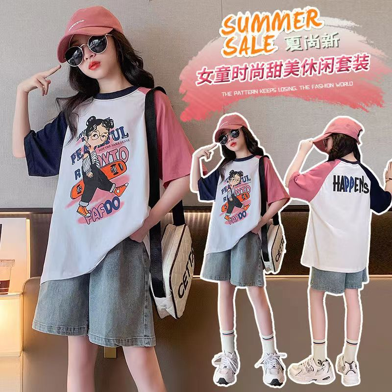 女童夏季2025新款女大童洋气童装卡通T恤短袖牛仔裤儿童两件套