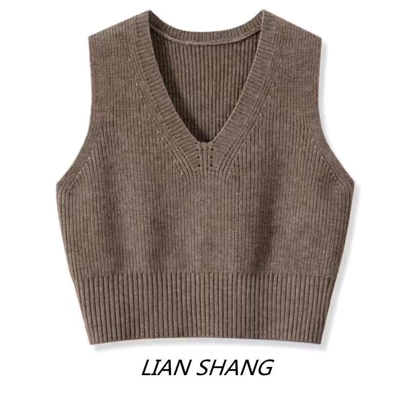 品牌欧货短款马甲背心女装秋季上衣百搭V领洋气外穿针织毛衣马夹