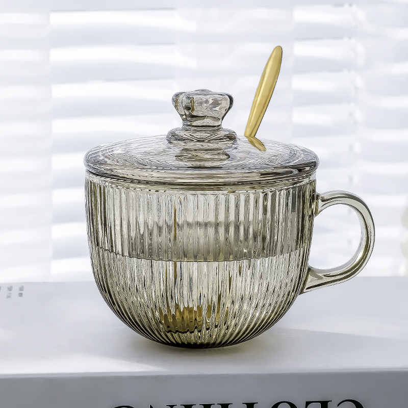 茶色玻璃杯燕麦早餐杯子家用带把水杯大带盖勺透明咖啡杯女牛奶杯