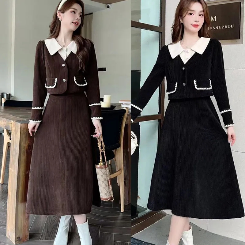 （80-200斤）秋冬新款拼接洋气长袖减龄气质显瘦时尚法式套装裙1407