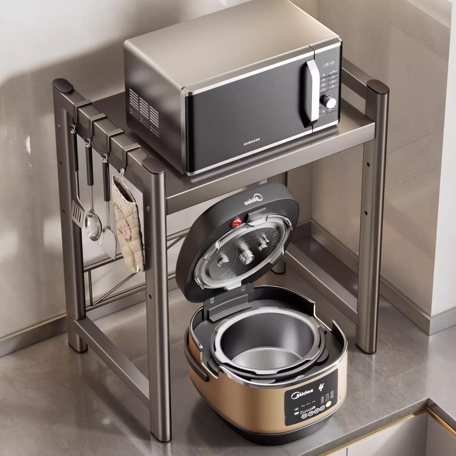 可伸缩电饭煲置物架厨房微波炉架台面多功能分层空气炸锅收纳架子