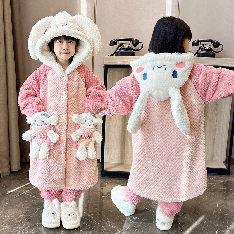 冬季女童法兰绒睡袍加绒加厚儿童睡衣6-12岁珊瑚绒洋气亲子家居服