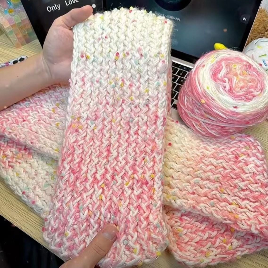 【咕噜】手工diy渐变手混线彩虹糖围巾材料包粗毛线元宝针车用围巾