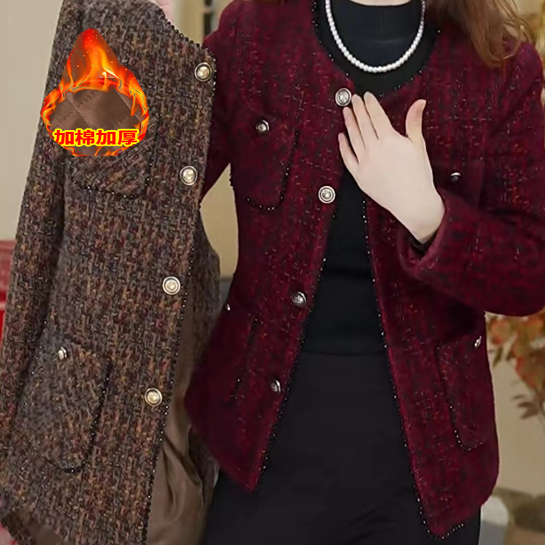 夹棉加厚小香风外套女秋冬新款女士轻奢高级感显瘦粗花毛毛上衣