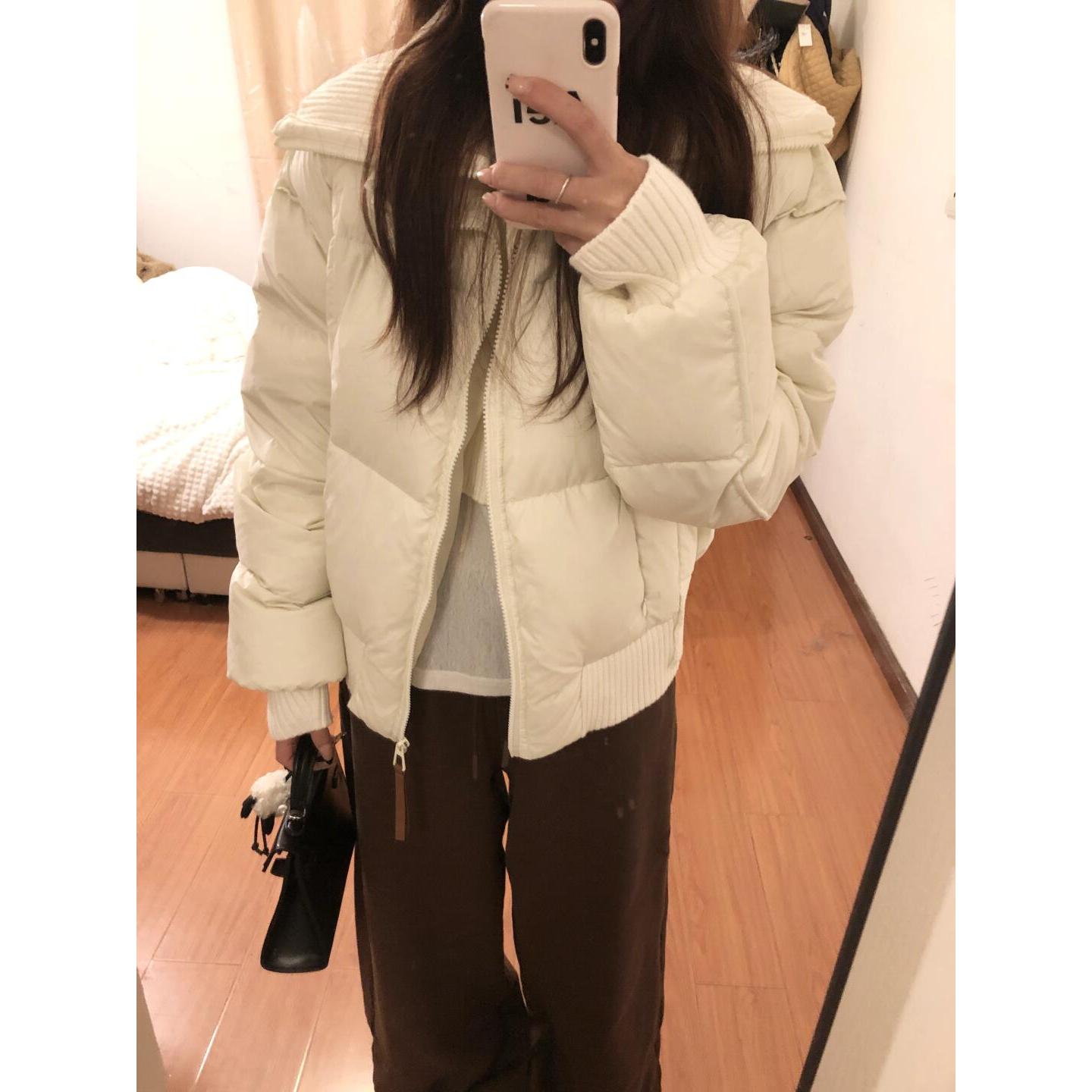 韩系高级感针织拼接翻领棉服女冬季加厚保暖棉衣超好看面包服外套