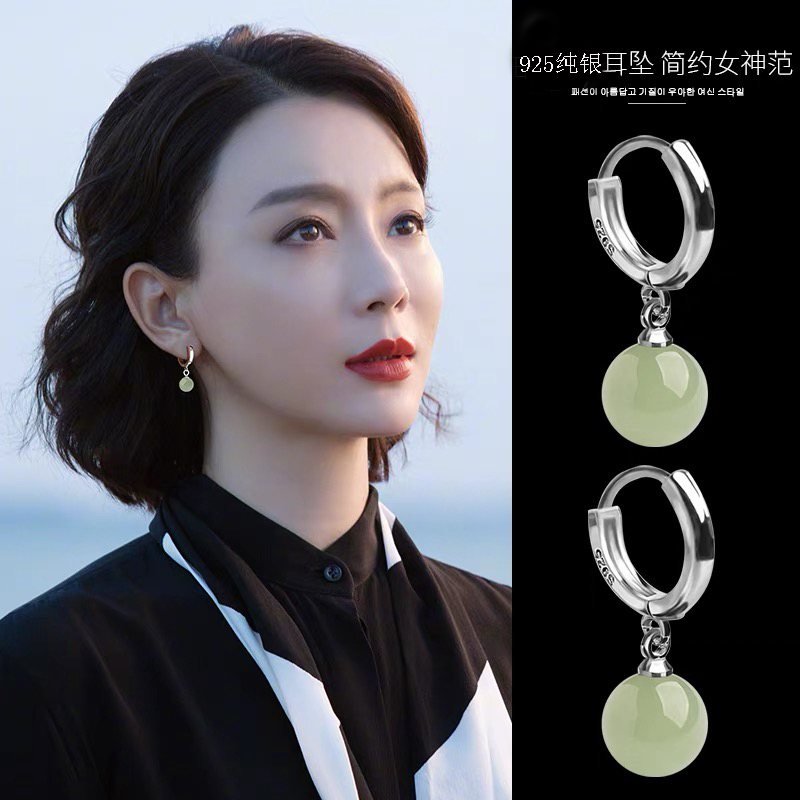 s925纯银东陵玉古风耳饰气质耳环女2025新款爆款高端耳扣简约耳坠