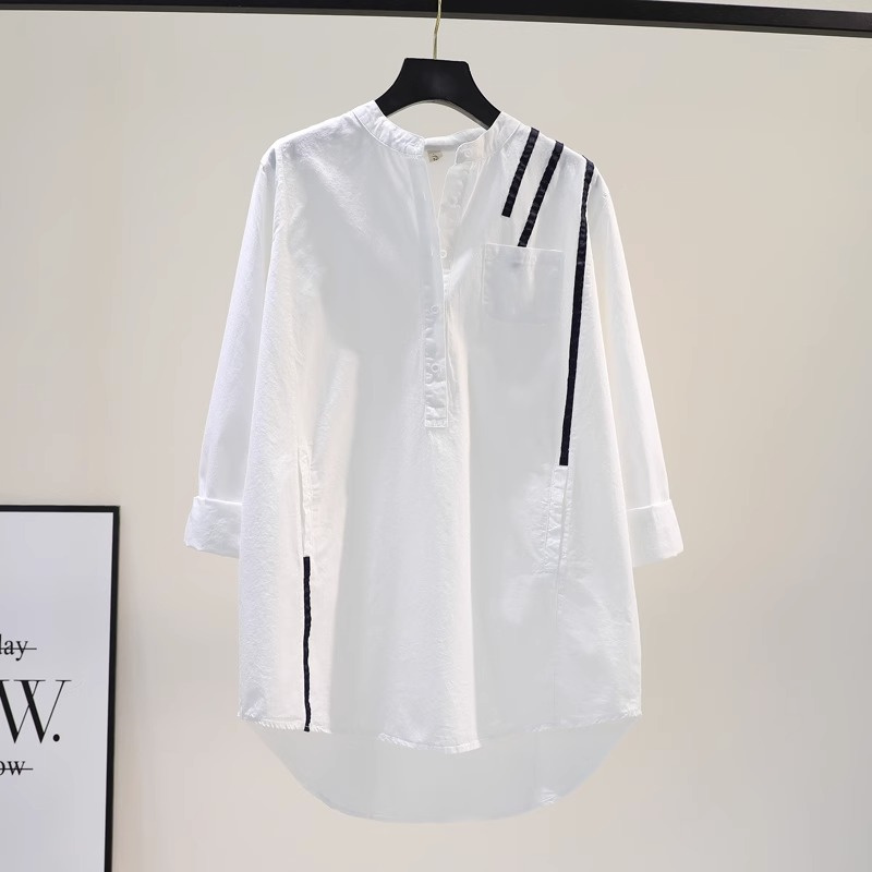 休闲百搭设计感中长款衬衫女春秋大码衬衣气质小众上衣白色宽松潮