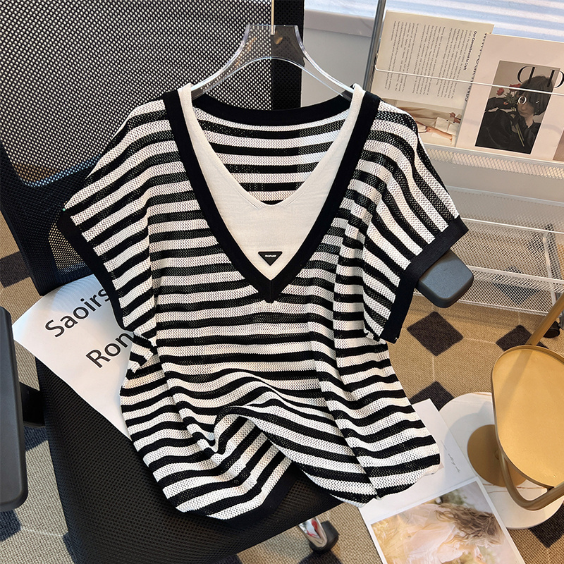 减龄漂亮洋气短袖t恤夏季大码女装宽松条纹冰丝针织衫拼接上衣潮