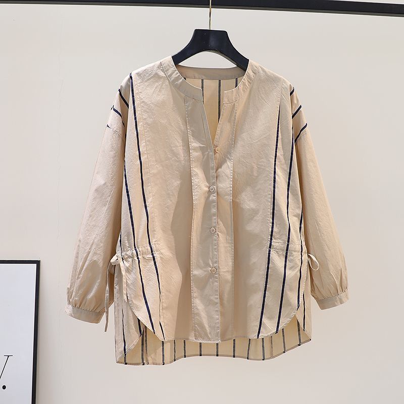 大码宽松条纹衬衫女春秋新款宽松衬衣减龄别致漂亮小衫遮肚上衣潮