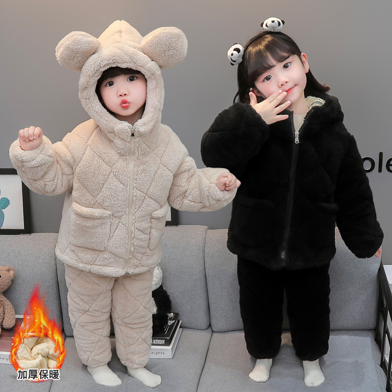 女童三层夹棉睡衣冬季珊瑚绒女宝宝加绒加厚冬款儿童法兰绒家居服