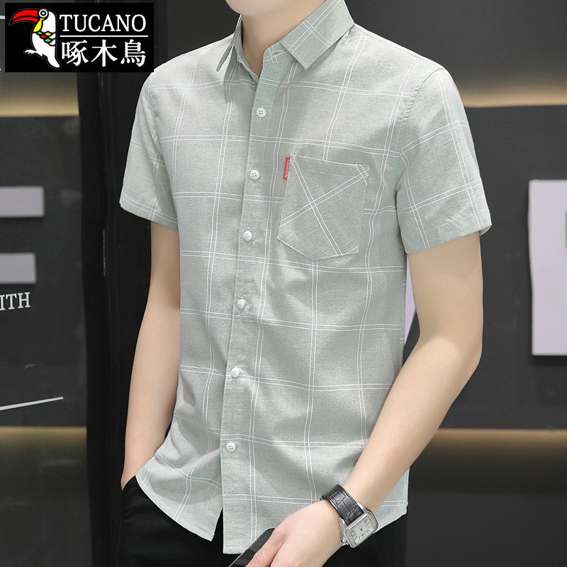 啄木鳥 新款衬衫男短袖夏季时尚韩版修身男士衬衣格子衬衫薄款潮