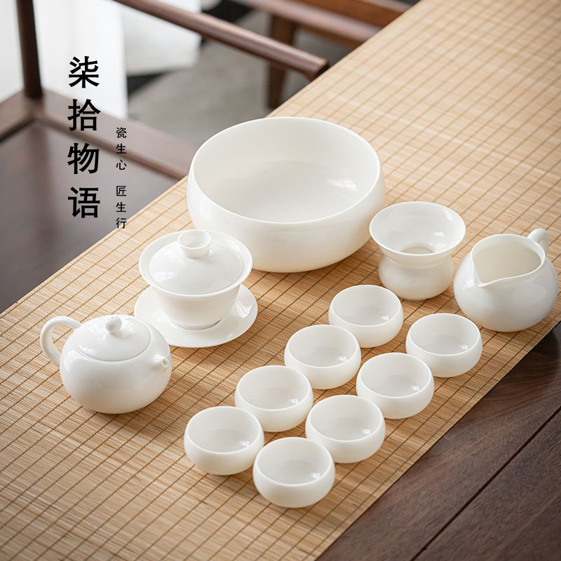 羊脂玉白瓷功夫茶具套装家用客厅高档泡茶办公室会客茶壶盖碗茶杯