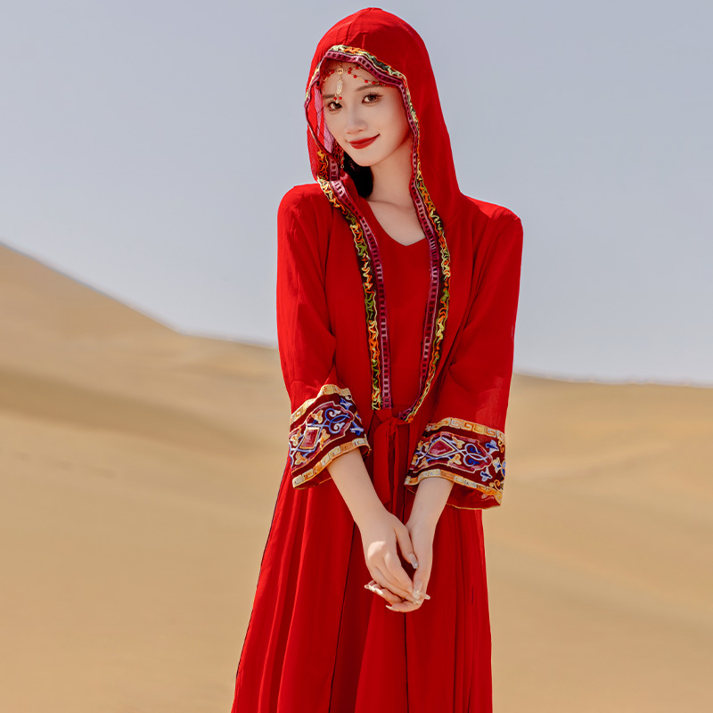 民族风度假斗篷披肩刺绣沙滩穿搭外搭宽松薄开衫红色外套飘逸