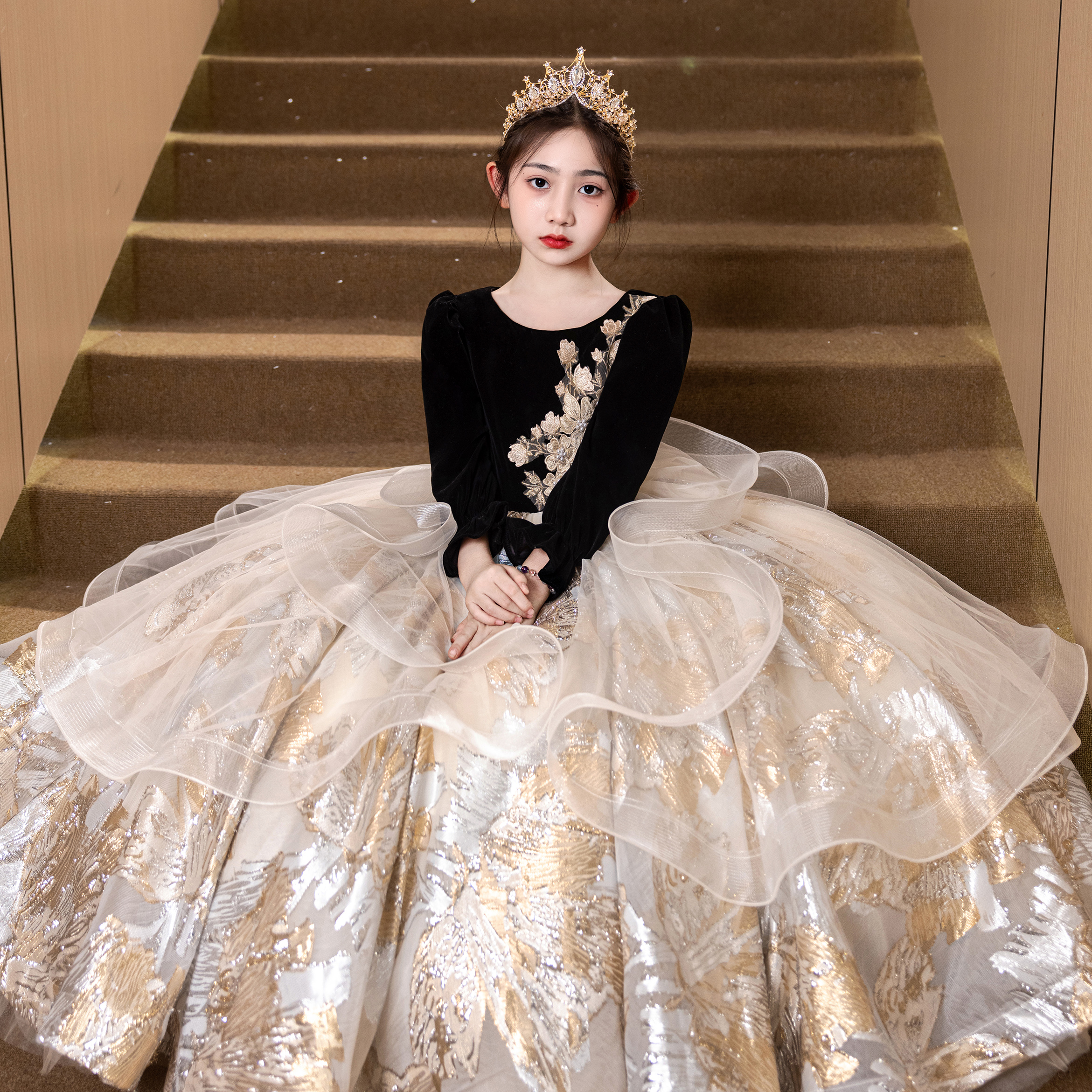 高端钢琴演奏女童礼服黑色长袖公主裙儿童走秀小主持人演出服冬季