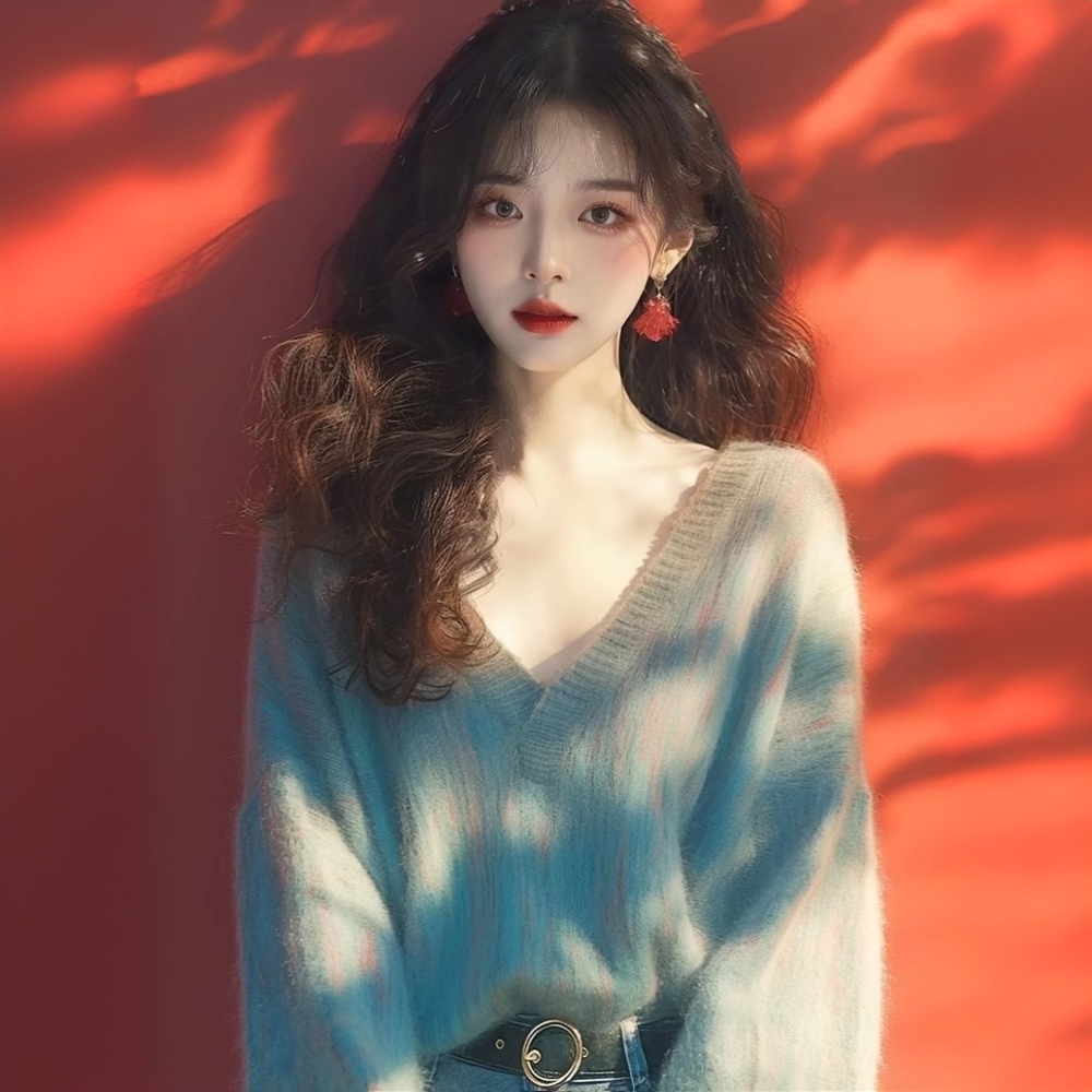 爆款内搭蓝色晕染v领宽松慵懒感2025早秋新款公主风独特针织开衫
