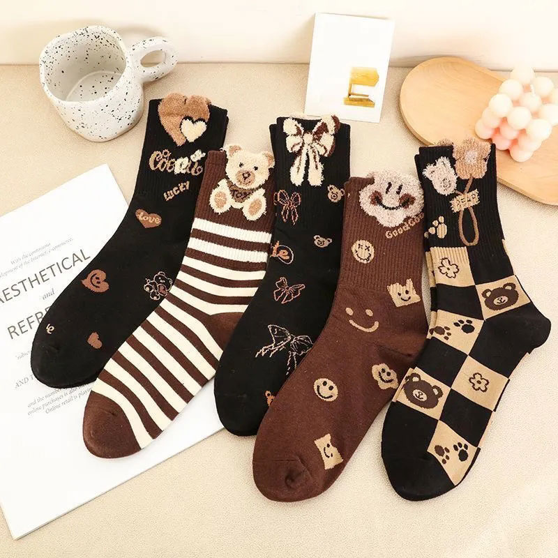【5双装】可爱小熊美拉德色系ins百搭网红袜子复古保暖长筒对袜学生