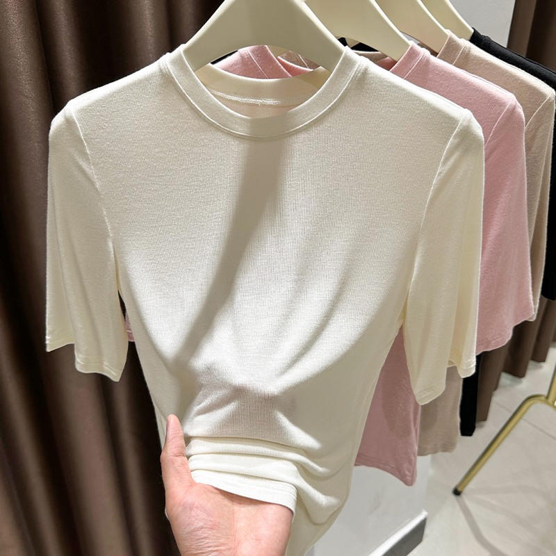 超弹顺滑皮肤打底衫女2025冬季新款小圆领中袖T恤薄款修身上衣女