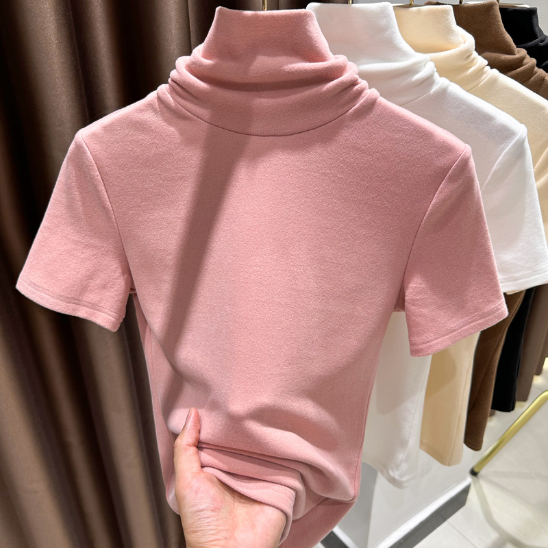高领粉色德绒打底加绒内搭短袖t恤新款时尚洋气百搭女装修身长袖