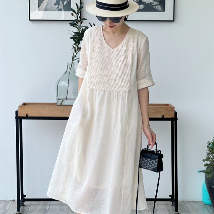 (YY推荐）风醉荷香 气质显瘦时尚夏季奶杏色纯色中长款简约连衣裙