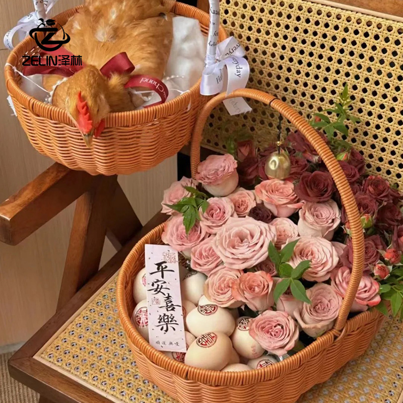防藤编草编中秋节月子鸡蛋鲜花手提花店鲜花篮产妇礼篮 （含材料）