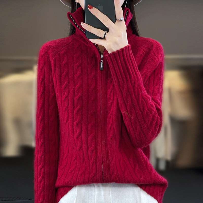 100纯羊毛衫女秋冬新款百搭宽松加厚拉链针织开衫外套羊绒衫毛衣