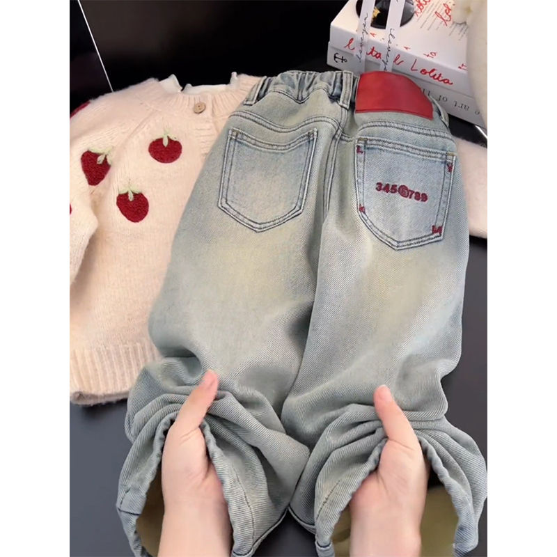 女童冬季牛仔裤加绒加厚中大童直筒休闲裤童装百搭阔腿软牛仔裤潮