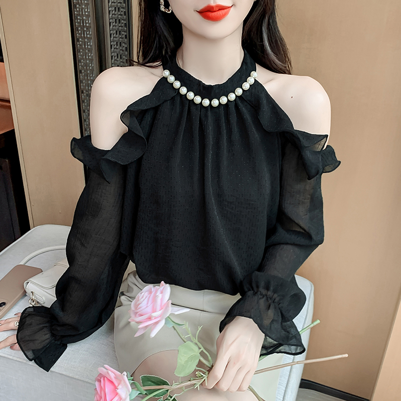 法式珍珠挂脖露肩雪纺衫女春季喇叭长袖衬衫宽松洋气减龄甜美上衣