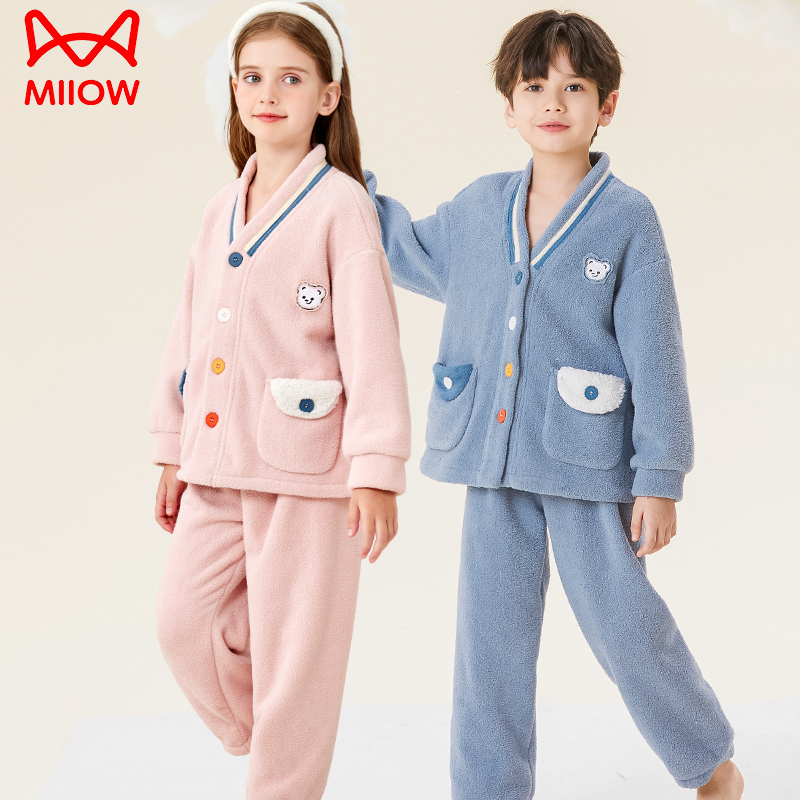 MiiOW/猫人儿童法兰绒睡衣套装加厚绒中大童女孩珊瑚绒冬款家居服