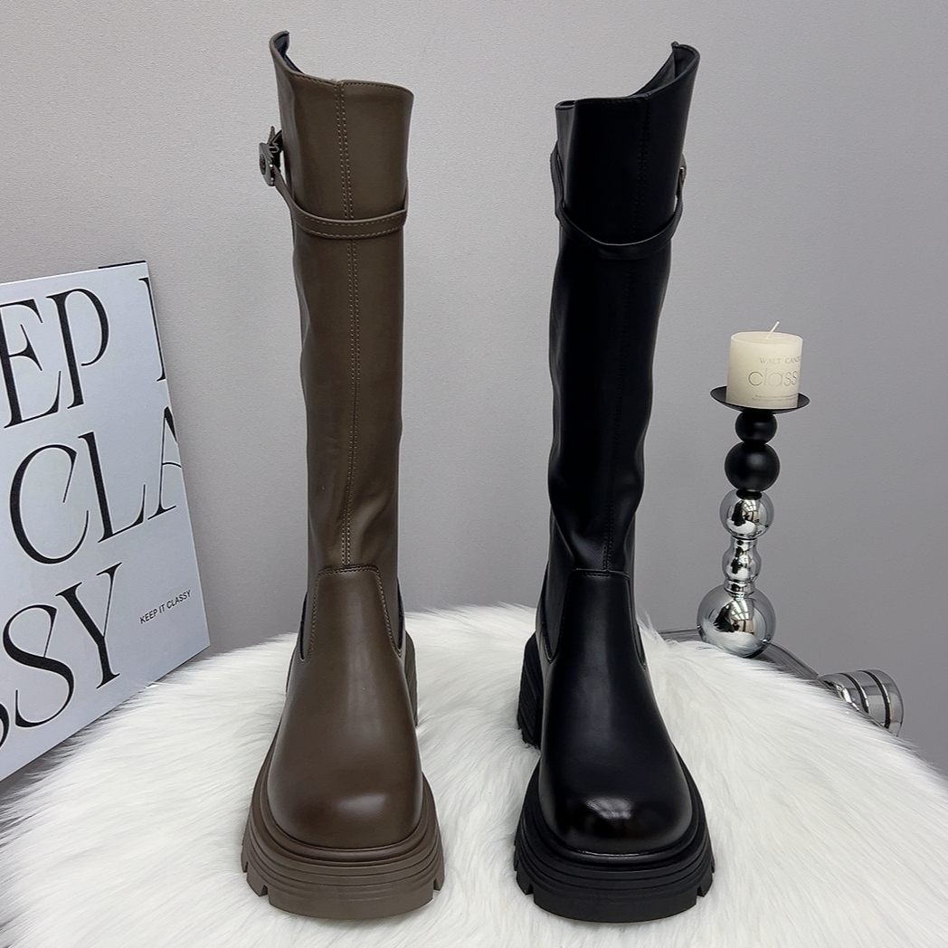 【胖瘦两筒围可选】2024秋冬新款时尚百搭厚底增高显瘦皮带扣骑士靴