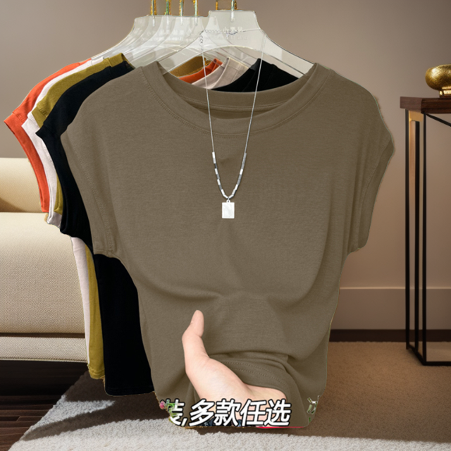 优质冰丝螺纹圆领纯色设计感小飞袖T恤衫女夏季新款宽松短袖上衣