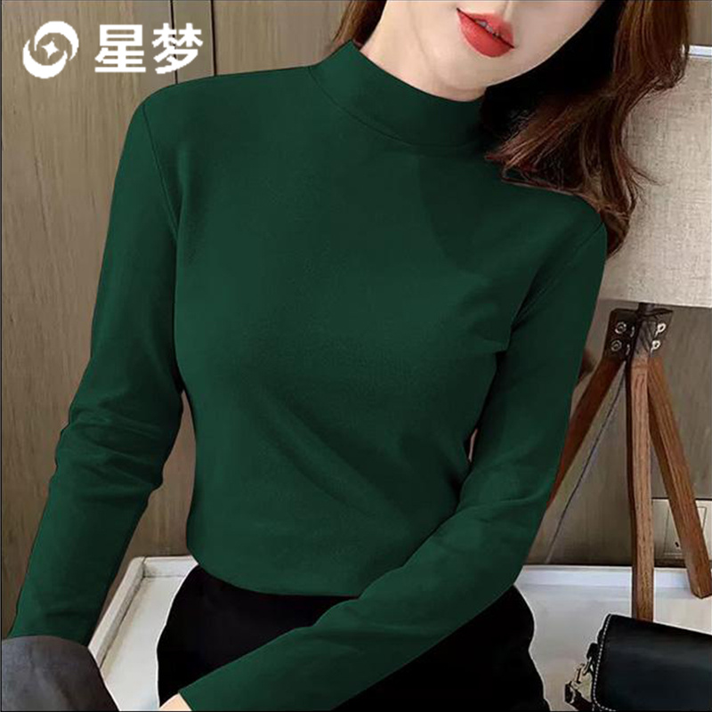 早秋气质半高领百搭德绒简约纯色上衣长袖内发热螺纹保暖打底衫女