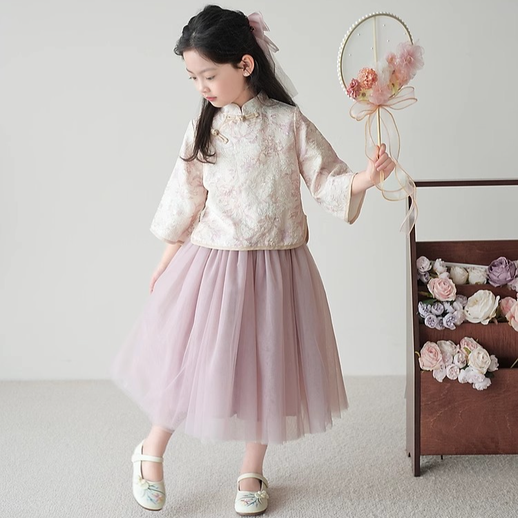 女童套装2024新款春季旗袍裙子儿童中式古风两件套公主汉服两件套