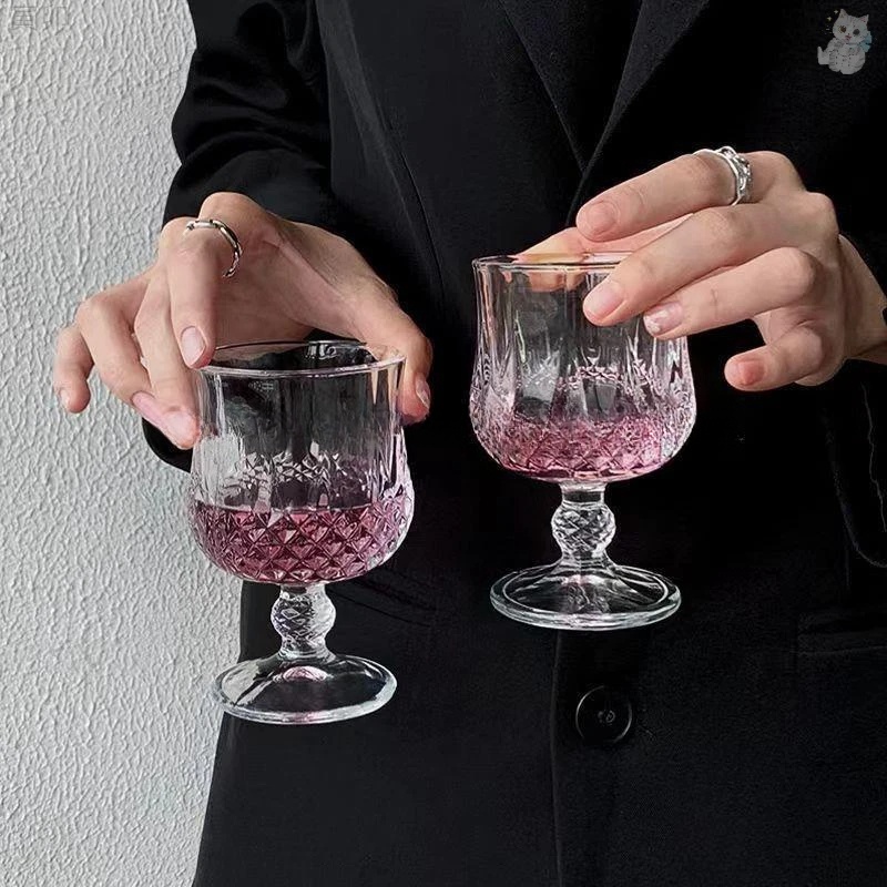 钻石浮雕玻璃杯ins风复古高颜值酒饮料杯鸡尾酒杯高脚红酒杯情侣