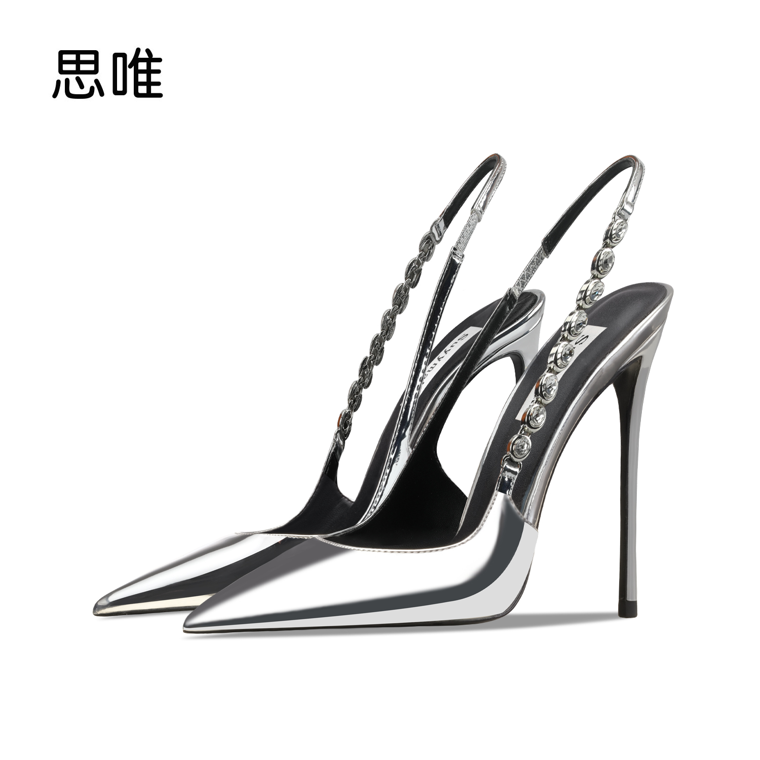 漆皮银色水钻高跟鞋女2025年夏季新款尖头凉鞋女款2025新款爆款