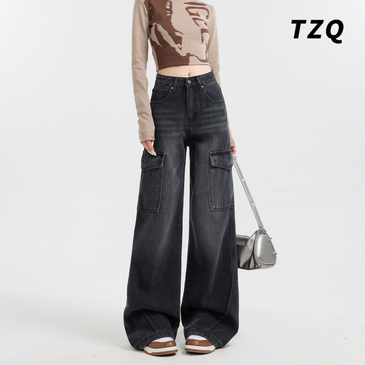 美式工装阔腿牛仔裤女款爆款2025年新款宽松显瘦拖地裤TZQ121221