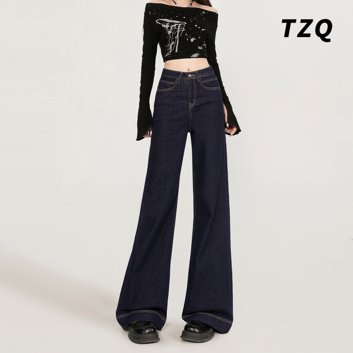 慵懒风美式丹宁蓝阔腿裤女新款高腰遮胯牛仔裤显瘦拖地裤TZQ83144