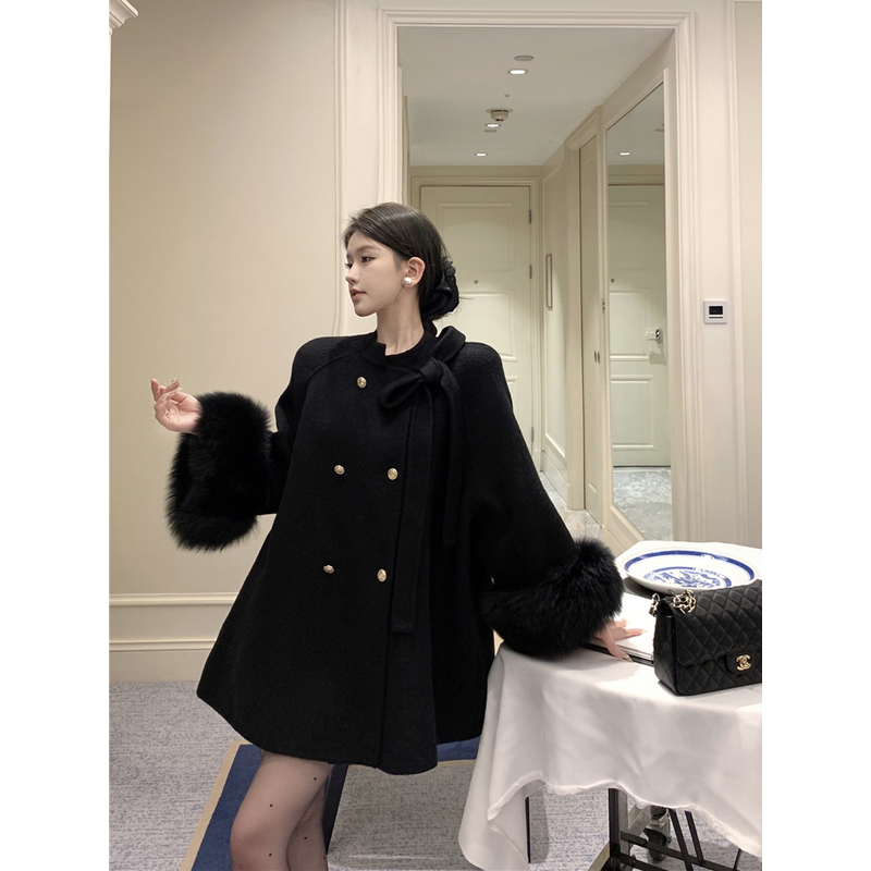法式气质别致复古小香风双排扣宽松蝴蝶结中长款毛呢大衣外套女冬