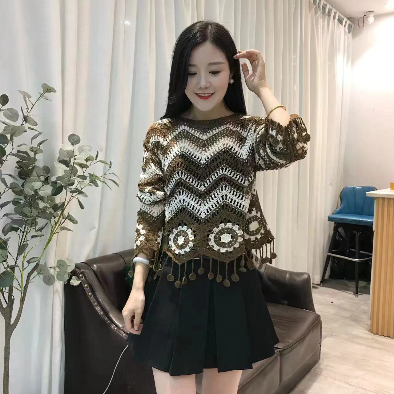 网织钩花镂空波西米亚流苏条纹针织上衣女短款秋冰丝薄款防晒罩衫