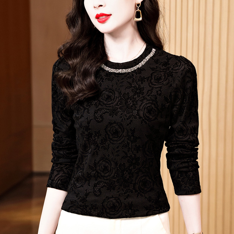 圆领钉珠花朵植绒长袖T恤女2025秋冬季洋气百搭内搭打底衫女L2820