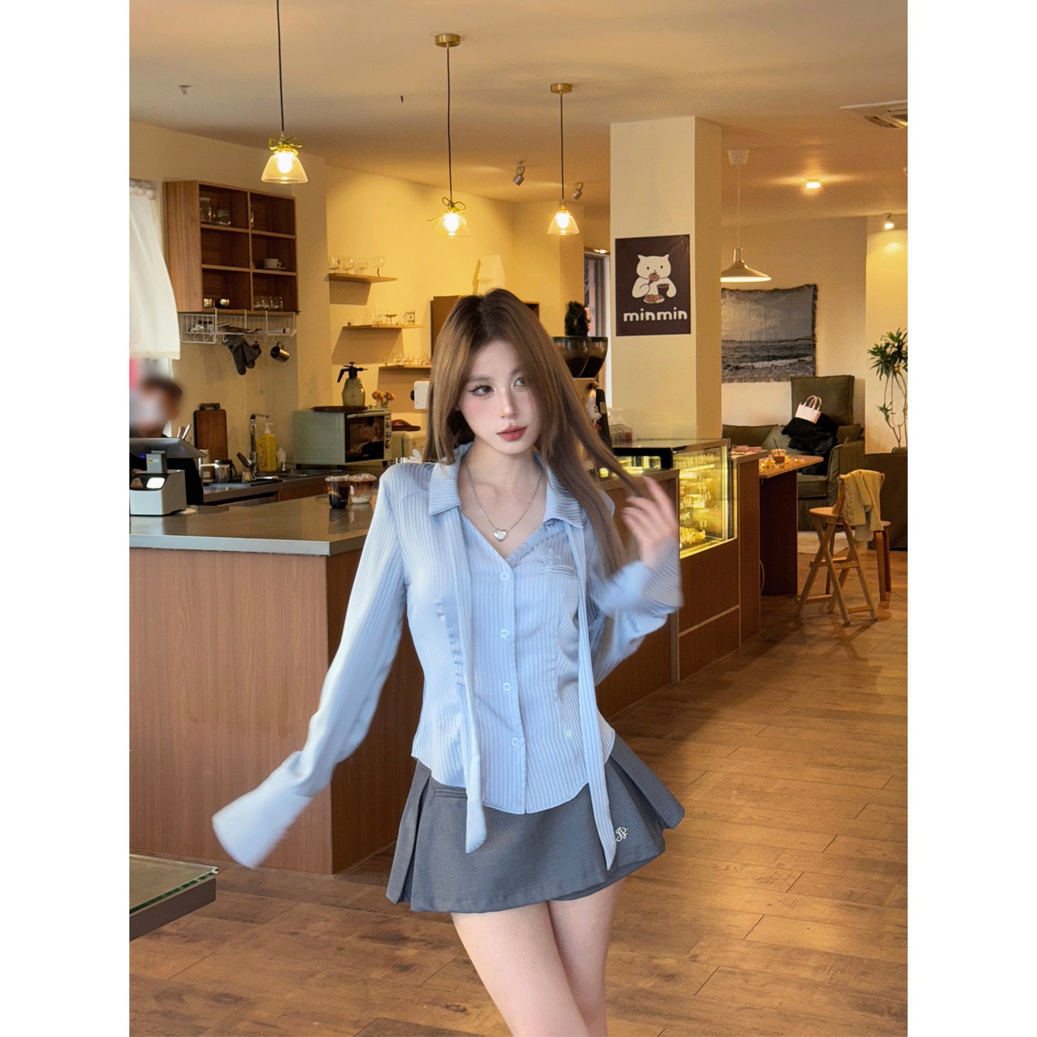 Mejiu蜜九【辣妹衬衫】POLO领纯欲辣妹收腰修身条纹显瘦气质设计感