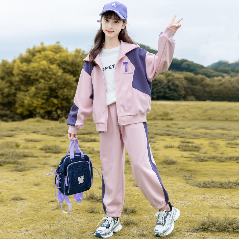 女童运动套装2025秋装新款撞色拼接连帽外套洋气儿童束脚裤两件套