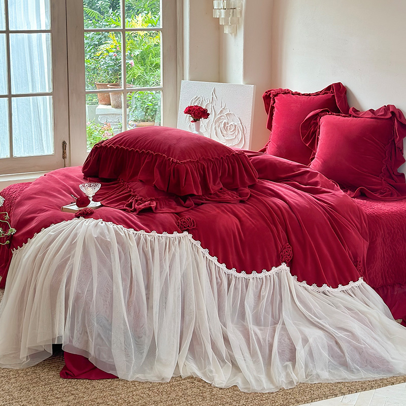 皇后娘娘  法式公主风婴儿绒四件套少女心蕾丝荷叶边加厚保暖被套