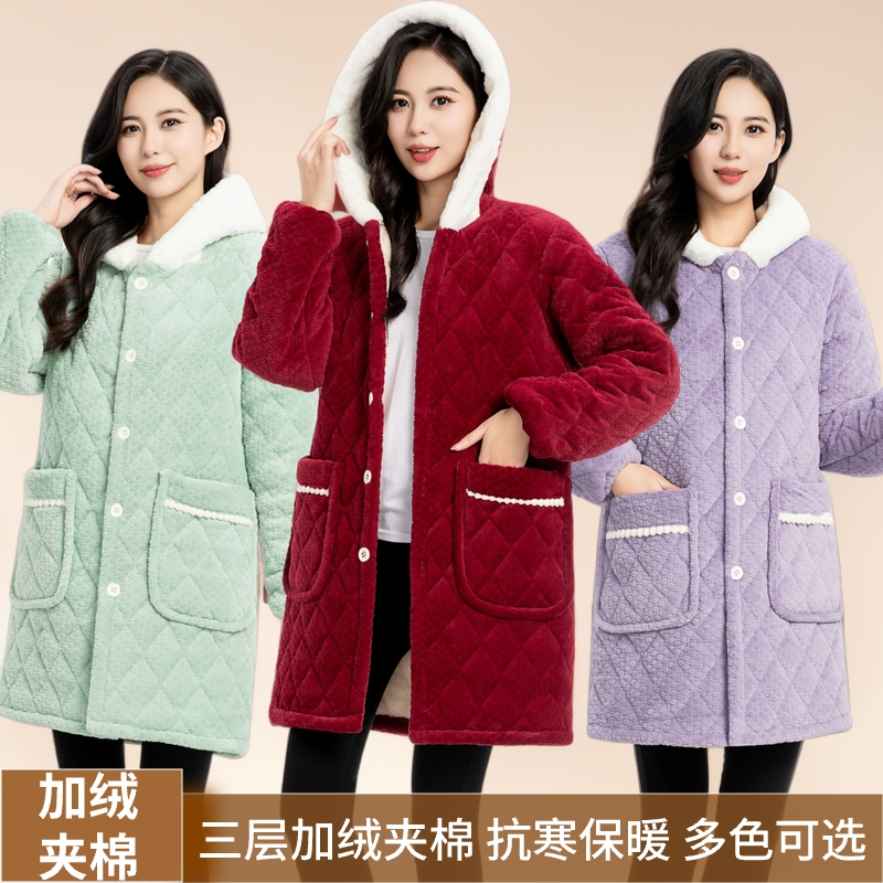 新款冬季三层夹棉加厚罩衣大人女时尚家用厨房长袖保暖围裙工作服