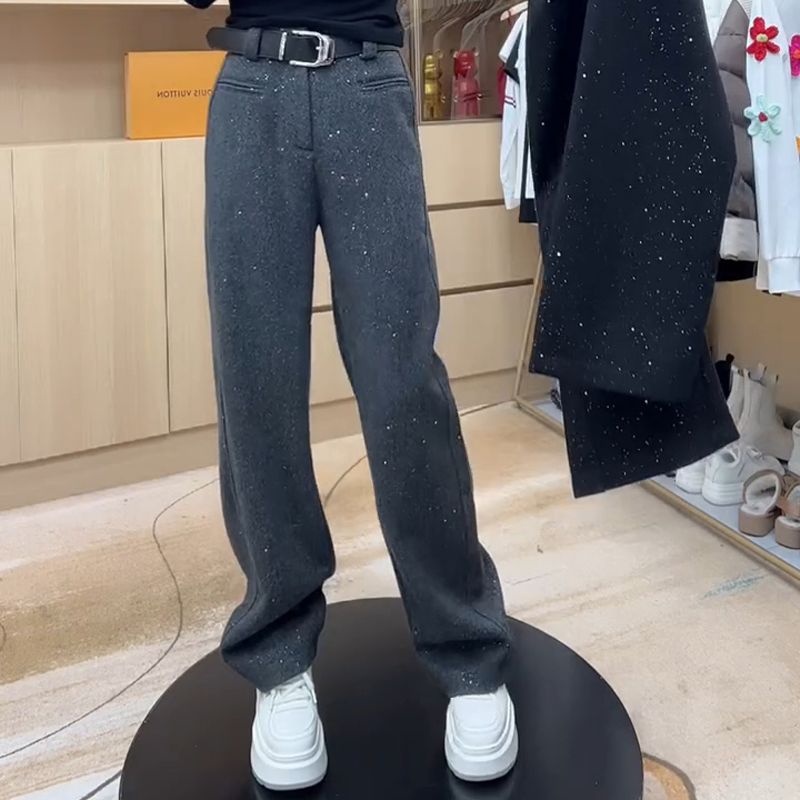 加厚毛呢裤轻奢亮闪闪星空休闲裤女宽松显瘦阔腿裤窄版拖地裤长裤