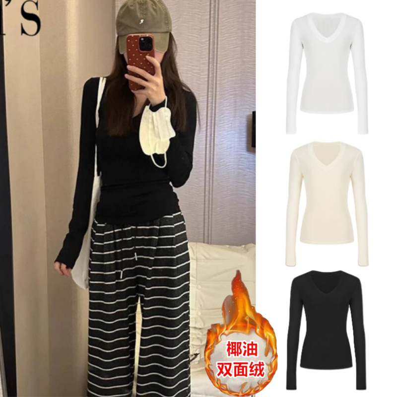 双面绒V领保暖打底衫修身内搭长袖恤女秋冬纯色小众显瘦百搭上衣